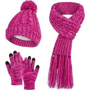 Women Winter Beanie Hat Scarf and Gloves Set Warm Knitted Pom Cap Cold Weather
